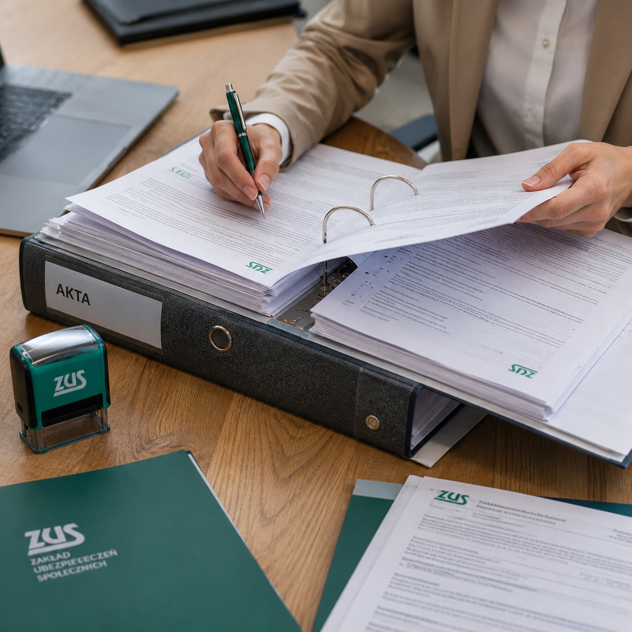 Postępowanie wyjaśniające ZUS – akta sprawy, dokumenty i pieczątka ZUS na biurku