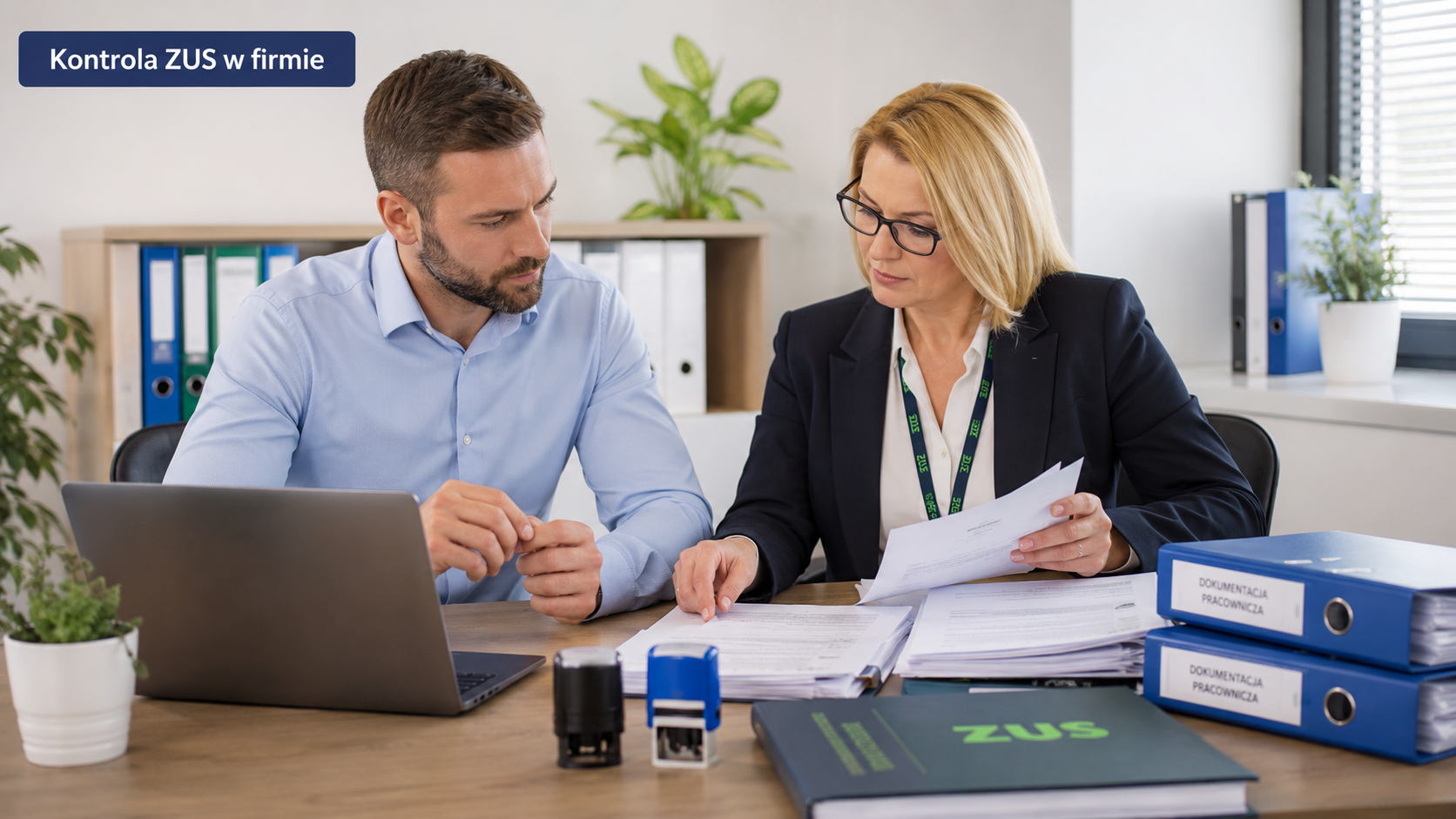Kontrola ZUS w firmie – inspektorka sprawdzająca dokumentację pracowniczą przedsiębiorcy