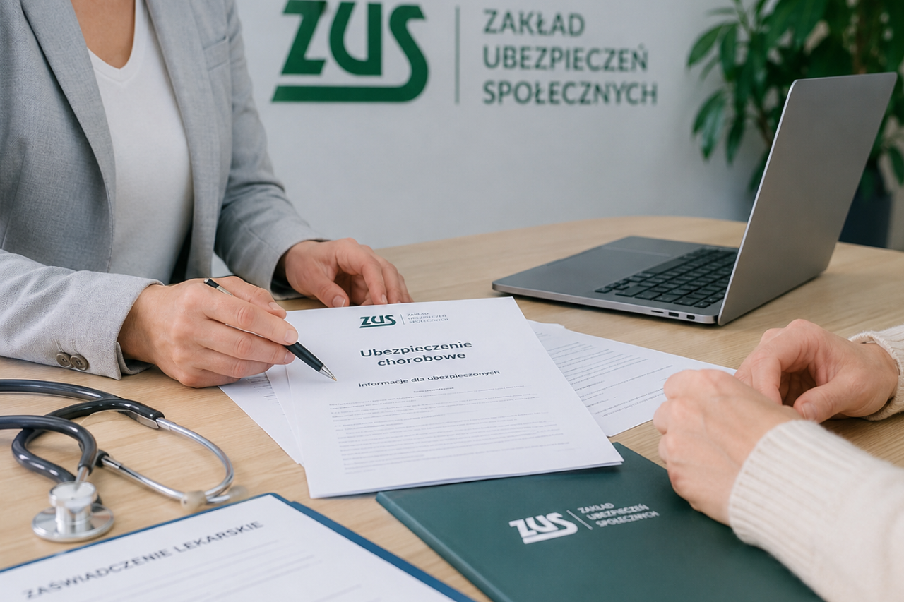 Ubezpieczenie chorobowe w ZUS – konsultacja przy dokumentach dotyczących ubezpieczenia społecznego, składek i zasiłku chorobowego, z widocznym logo ZUS, laptopem, stetoskopem oraz aktami sprawy omawianymi podczas spotkania.